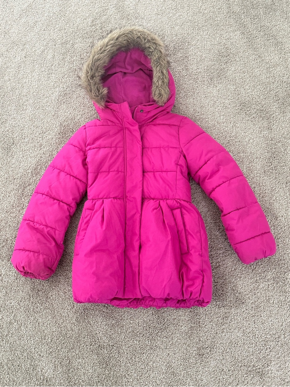 Gap Kids Girls Pink Puffer Winter Coat Faux Fur Hood Size M 8-9